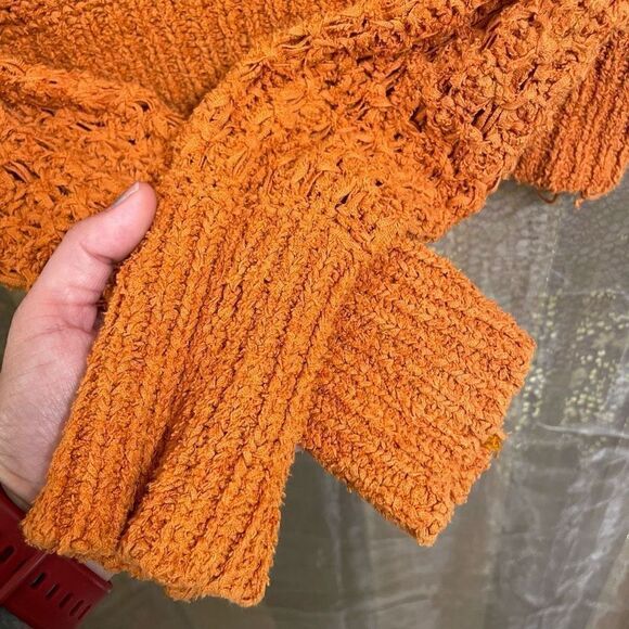 Free People Best Of You Sunset Orange Open Knit V Neck Sweater Medium - Picture 4 of 9